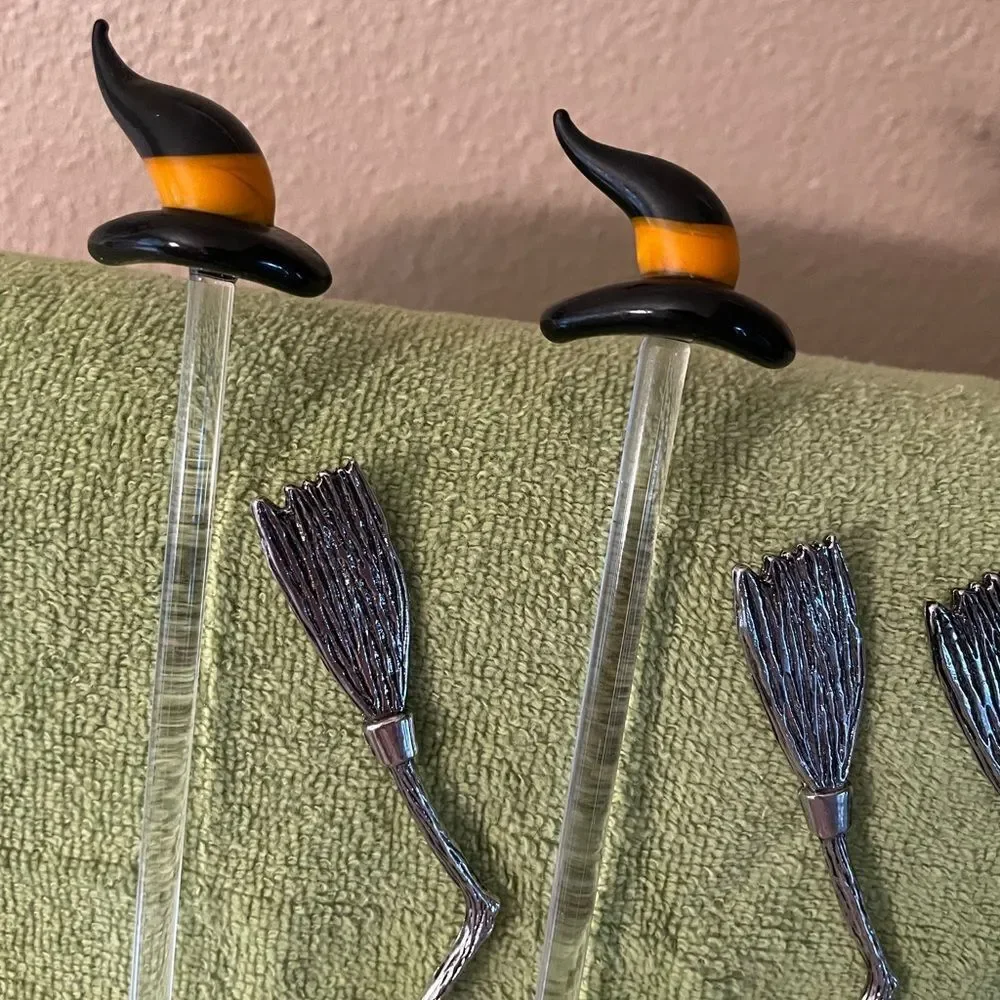 Blown Glass Witch Hat Stir Sticks Metal Broom Stir Sticks lot of 8!